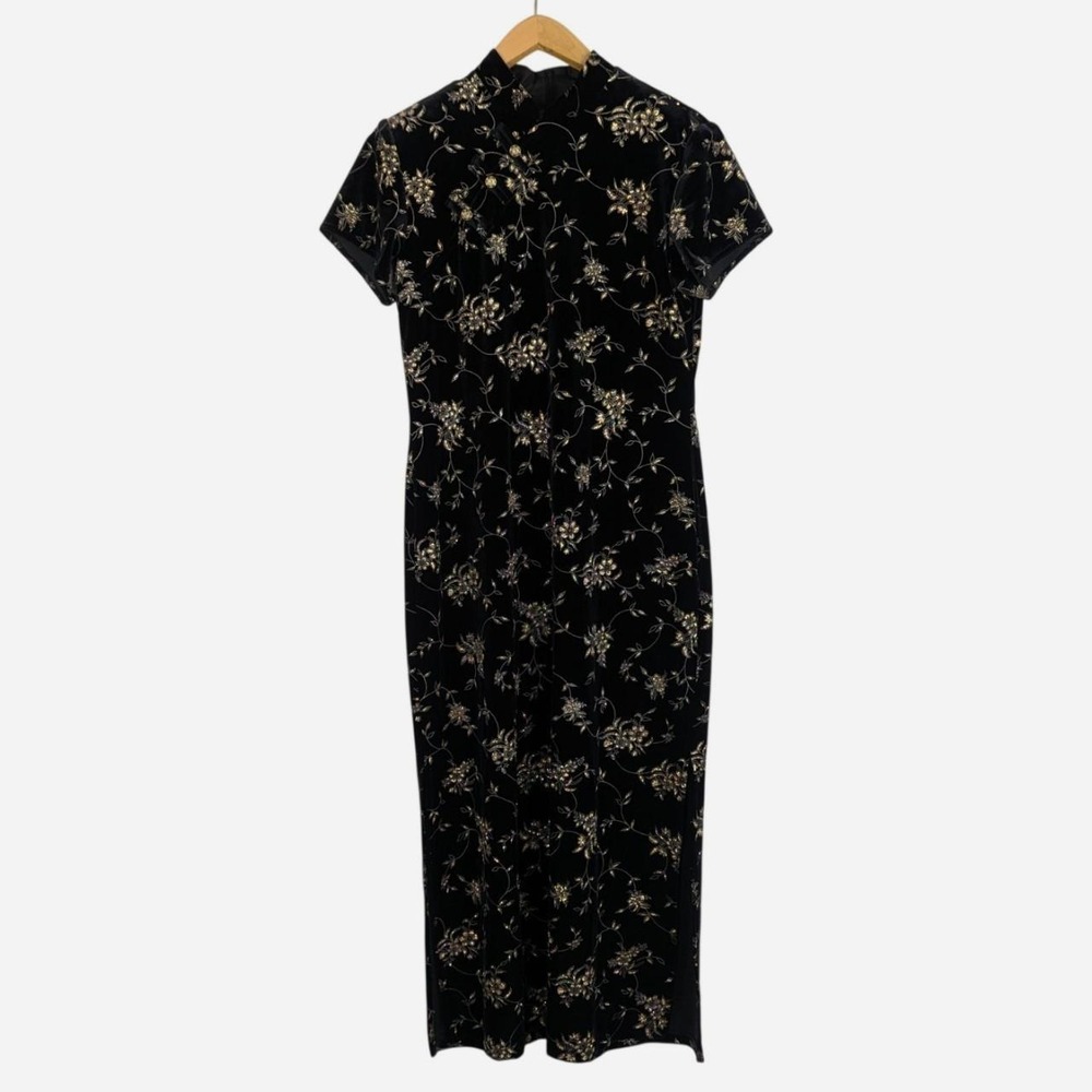 Vintage 90s Sheri Martin NY Black Velvet Gold Floral Midi Dress Size 16